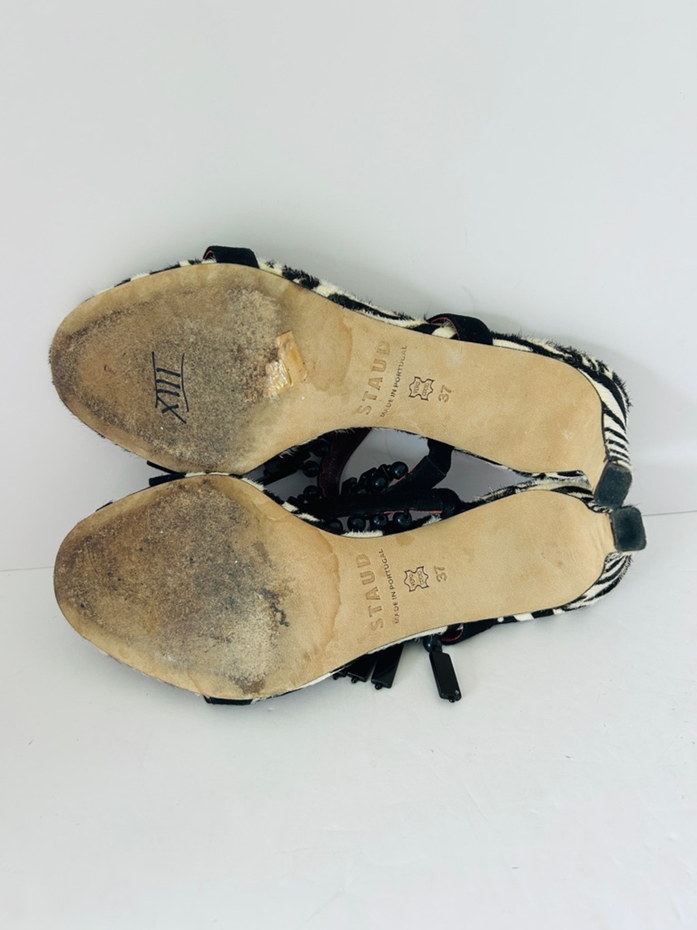 STAUD Raoule Zebra Beaded Fringe Heels Mules Calf Hair Shoes EU37 US Size 7 - Picture 9 of 9